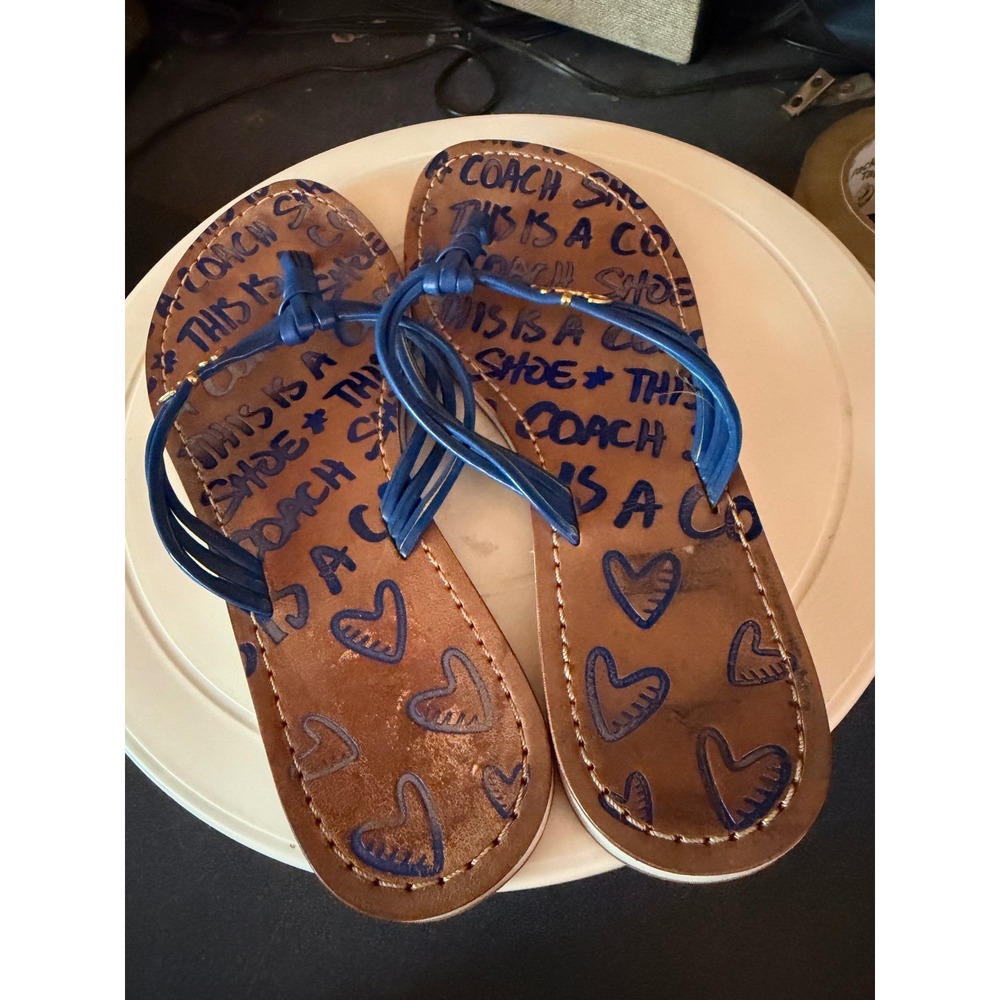 COACH Graffiti Logo Heart Thong Sandals Blue Gold Hardware Flat Flip Flops 7
